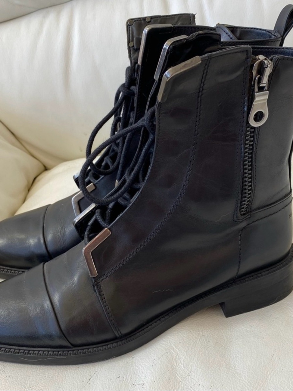 Zara Black Leather Lace-Up Zip Ankle Boots